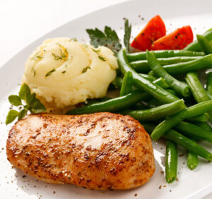 Chicken, potatoes, and green beans.